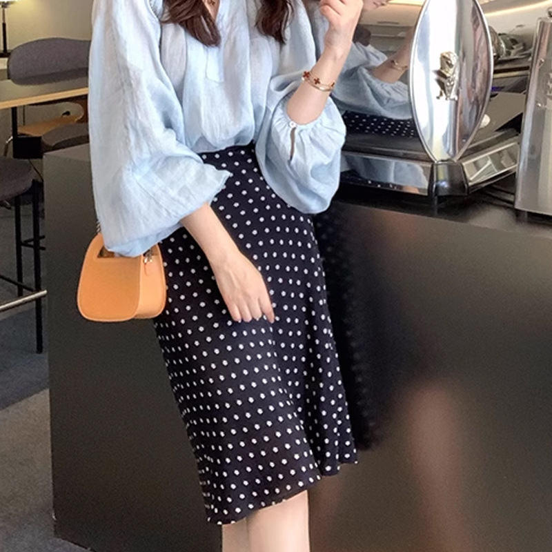 Crete Summer Silk Chiffon Floral Asymmetric Fish Tail Skirt Women  Retro Polka Dot Skirt