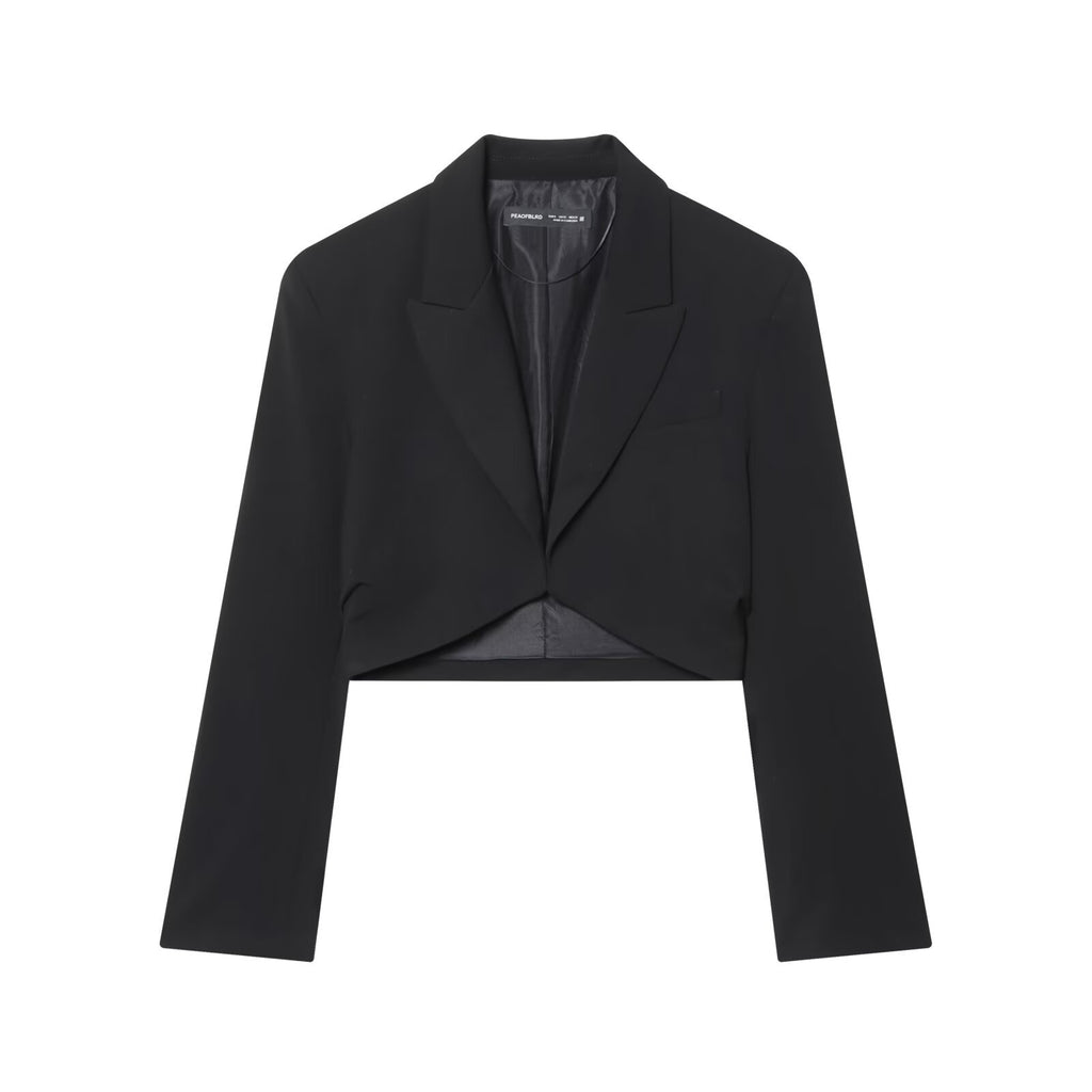 Black short suit jacket with shoulder pads and pleats