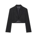 Black short suit jacket with shoulder pads and pleats