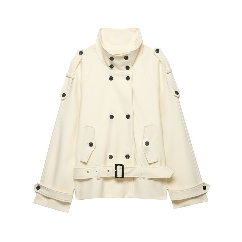 Commuting style stand up collar curved shoulder shape tied windbreaker jacket