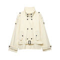 Commuting style stand up collar curved shoulder shape tied windbreaker jacket