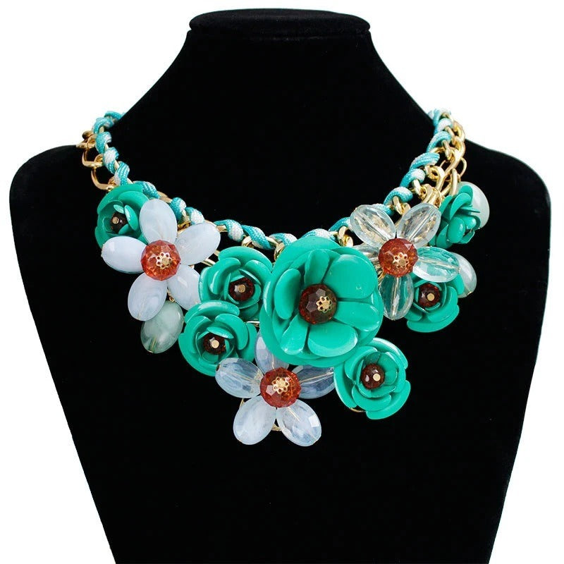 Colorful flower gemstone pendant rope braided necklace short clavicle exaggerated women's accessories necklace