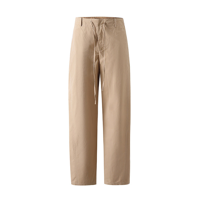 Knife-Style Casual Pants, Medium-Low Waist, Loose Straight Leg, Slimming Drawstring Cargo Trousers