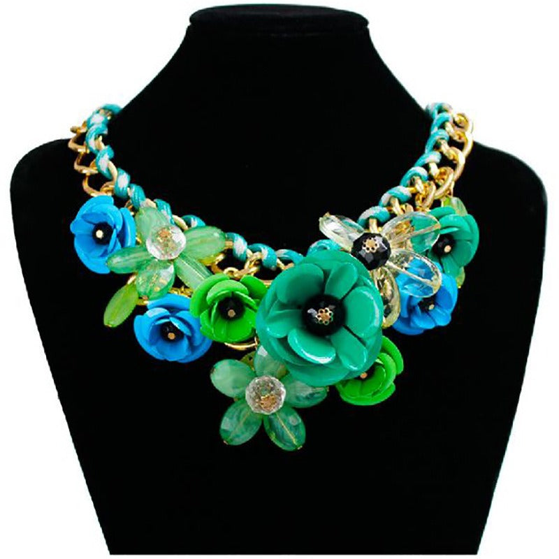 Colorful flower gemstone pendant rope braided necklace short clavicle exaggerated women's accessories necklace