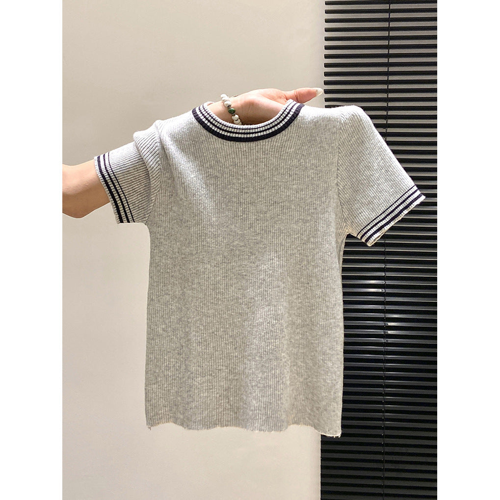 Round Neck Short Sleeve Knit Top for Women