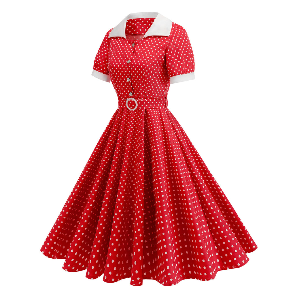 Hepburn StyleNotch Collar Fitted Polka Dot Open Front Tie Waist Flared Mid-Length Parent-Child Dress Cotton