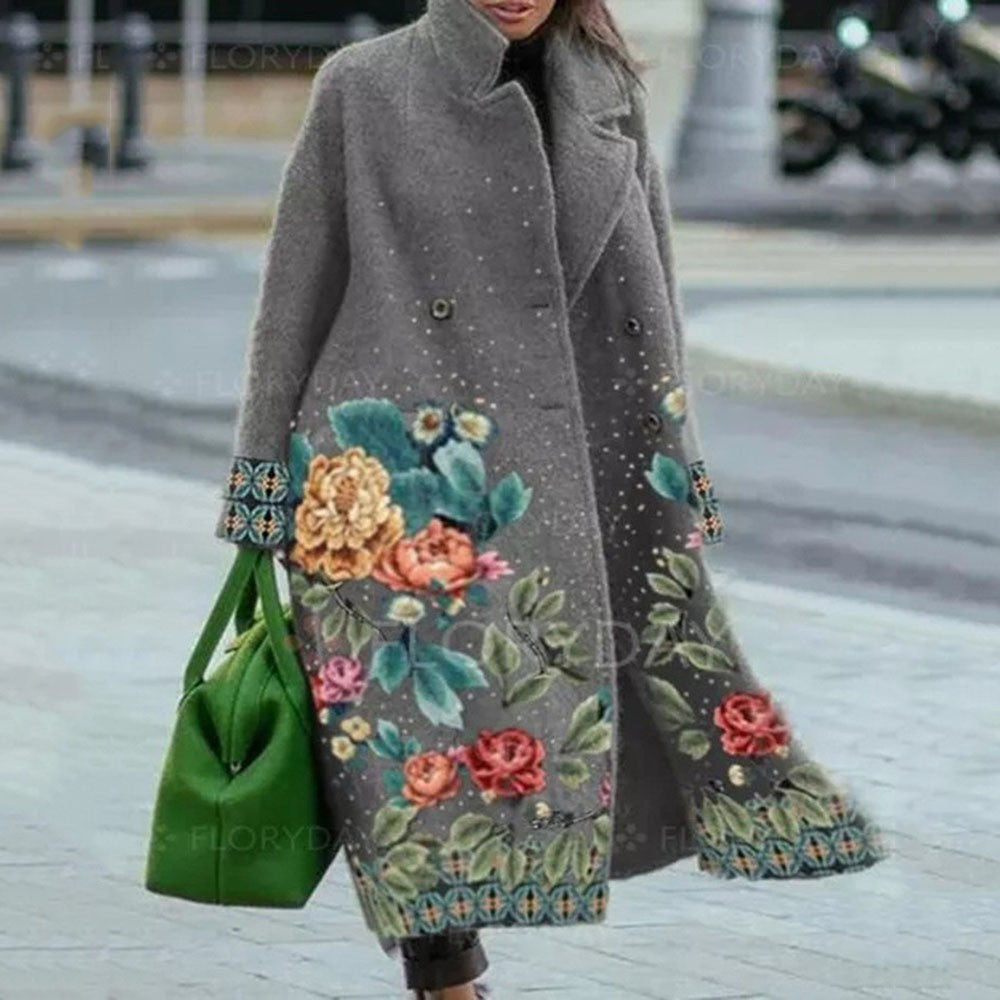 Autumn Long Sleeve Notched Lapel Printed Woolen Trench Coat for Women