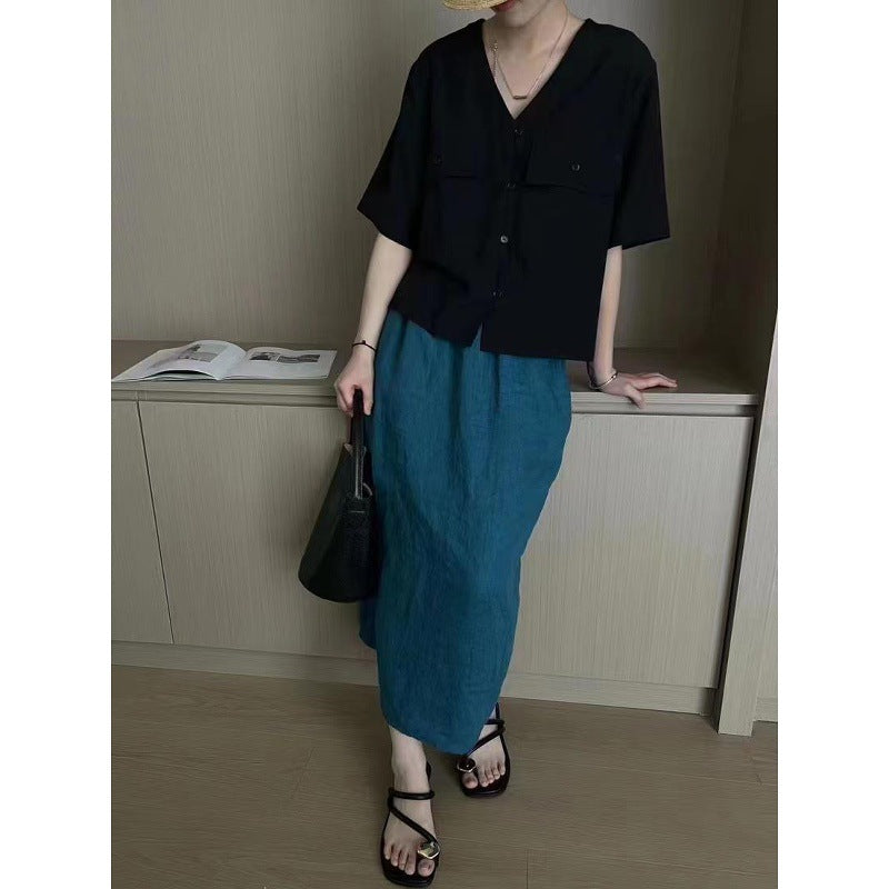 Casual Solid Color Versatile Linen Skirt for Women Elastic Waist Slimming Long Loose A-Line Skirt