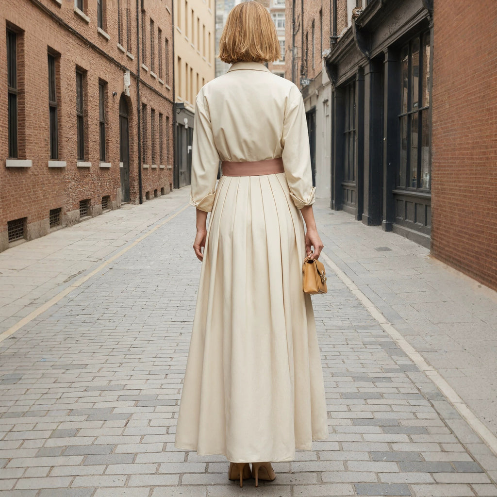 Long sleeved shirt collar solid color long skirt dress