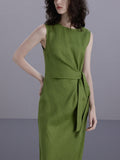 Cute Green Sleeveless Dress with Twist Pleat and Tie Waist, Fitted Bodycon Style, Minimalist Design, High-Quality Casual Dress