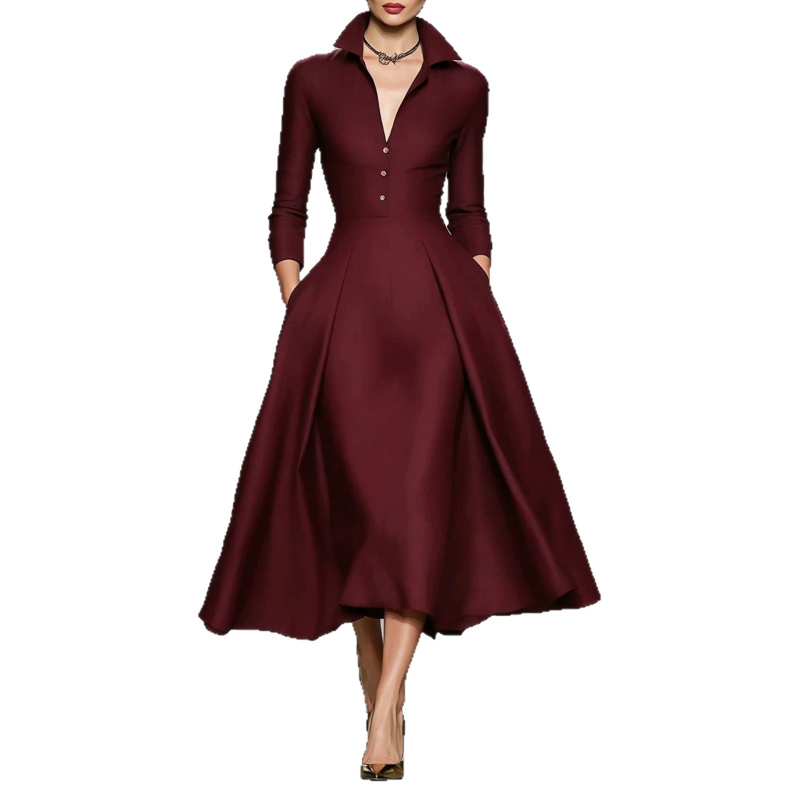 V-neck waist cinched long sleeved dress