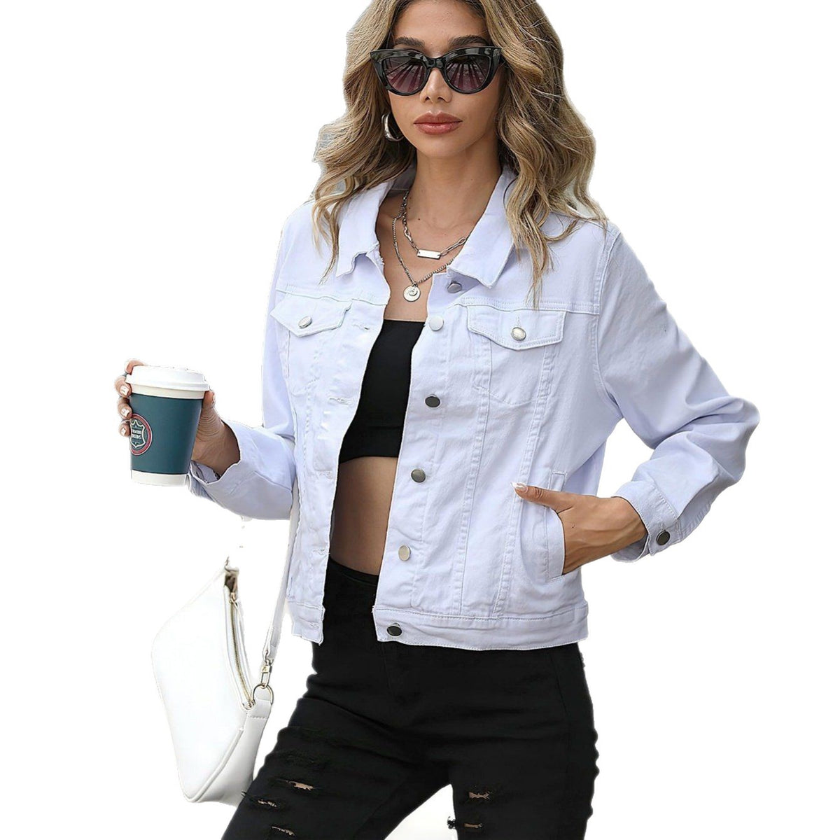 Fashionable slim fit female pilot jacket with collar, denim solid color pocket, versatile jacket