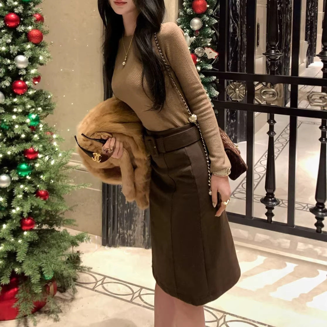 Woolen Midi Skirt for Women with Detachable Belt Straight Cut Elegant and Classic Style