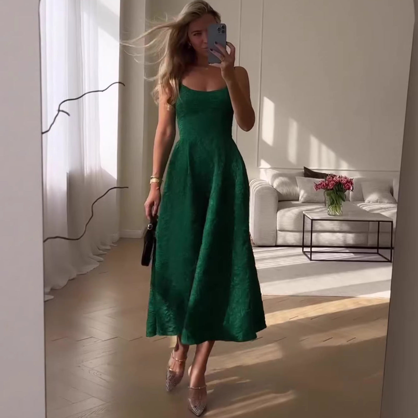Ruched Letter Print Green Strap Long Dress with Waistline Elegant Casual Knit Dress