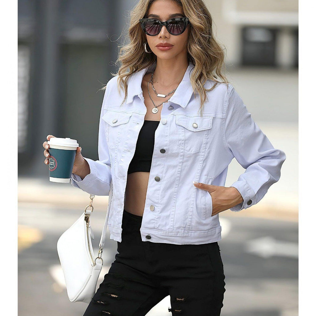 Fashionable slim fit female pilot jacket with collar, denim solid color pocket, versatile jacket