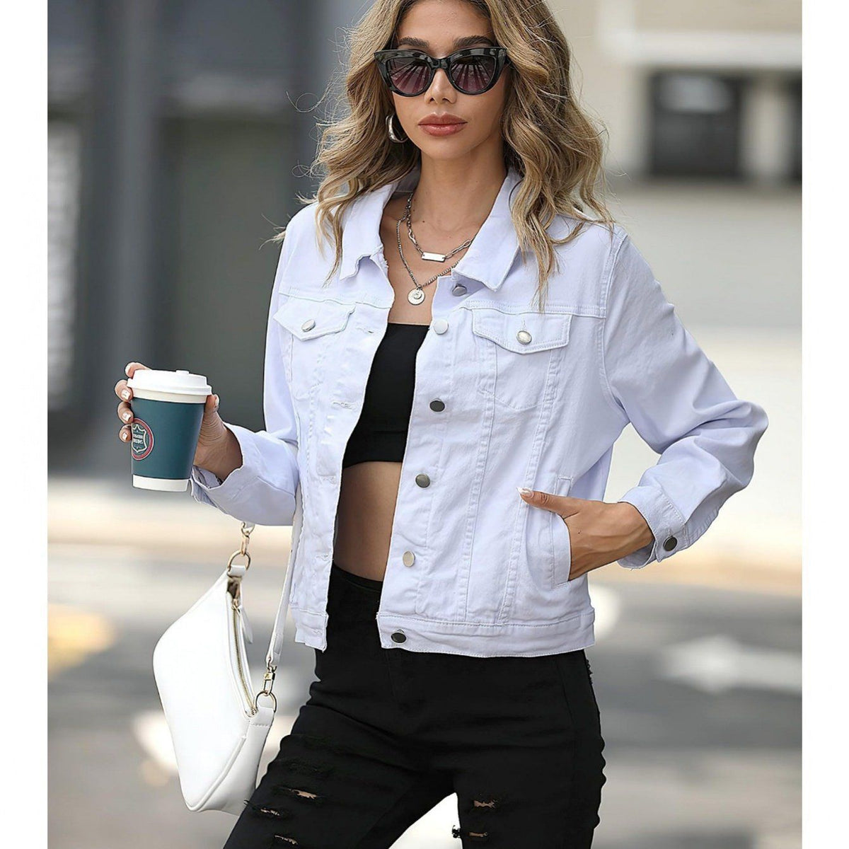 Fashionable slim fit female pilot jacket with collar, denim solid color pocket, versatile jacket