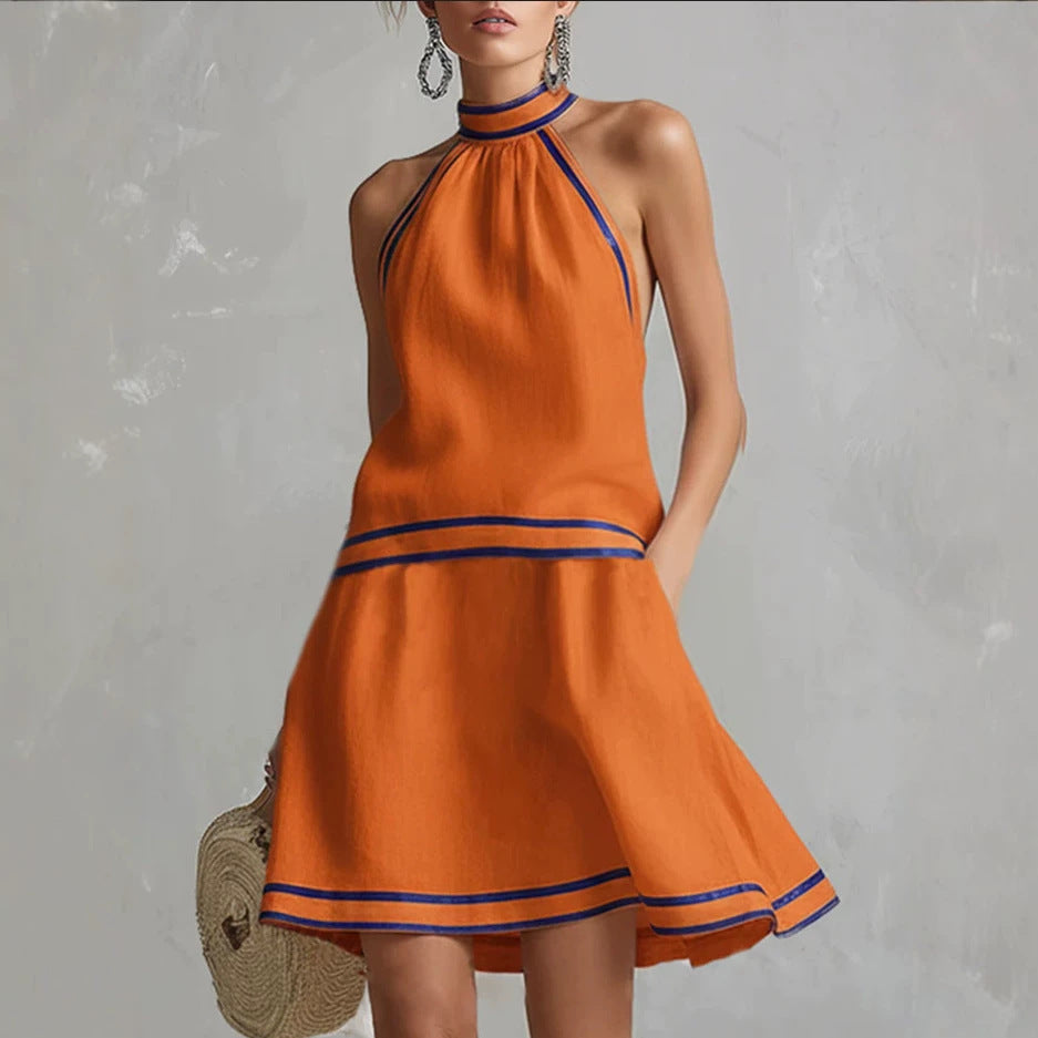 Choker Neck Fashion Short Dress with Striped Trim, Comfortable Sleeveless Fitted Dress