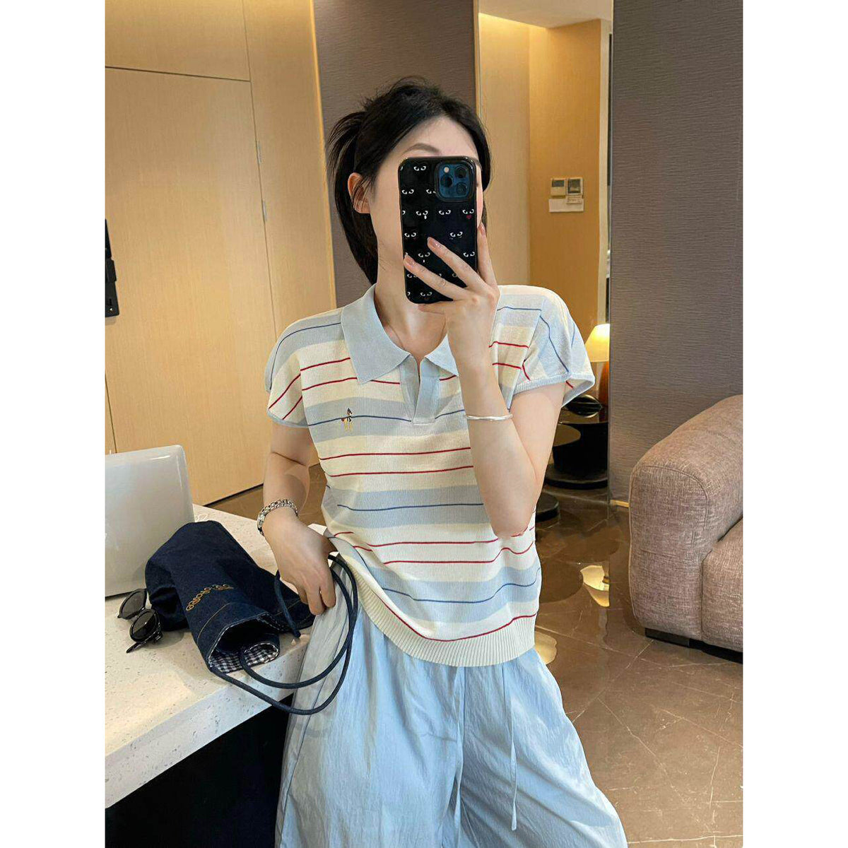 minimalist striped polo neck knitted top for women