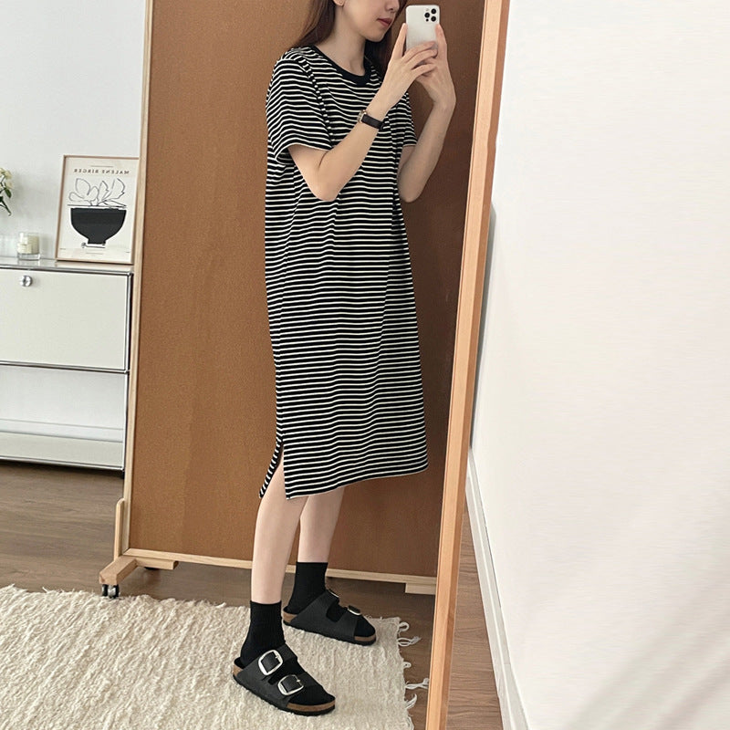 Cotton Dress Mid-Length Knee-Length  Loose Straight Silhouette Slimming Short Sleeve Dress
