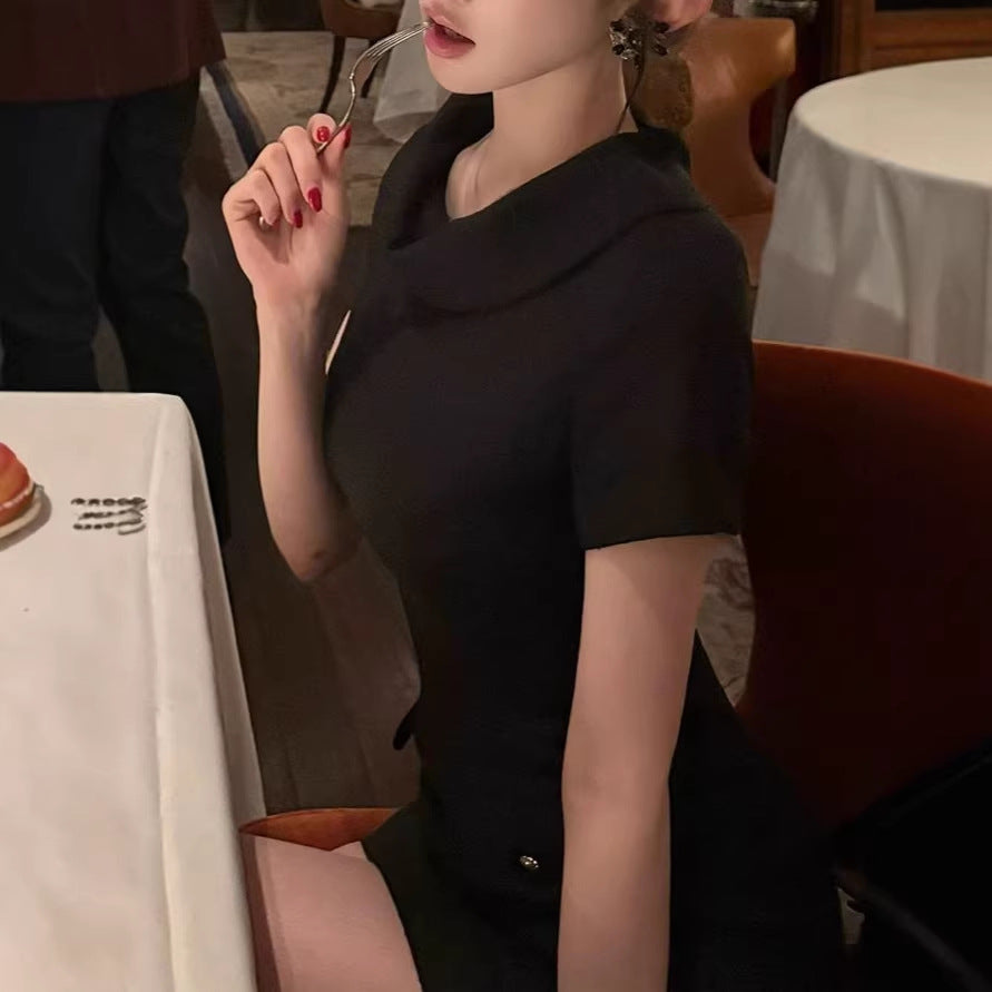 Hepburn Style Tailored Slim-Fitting Dress Elegant Boat Neck Black Dress