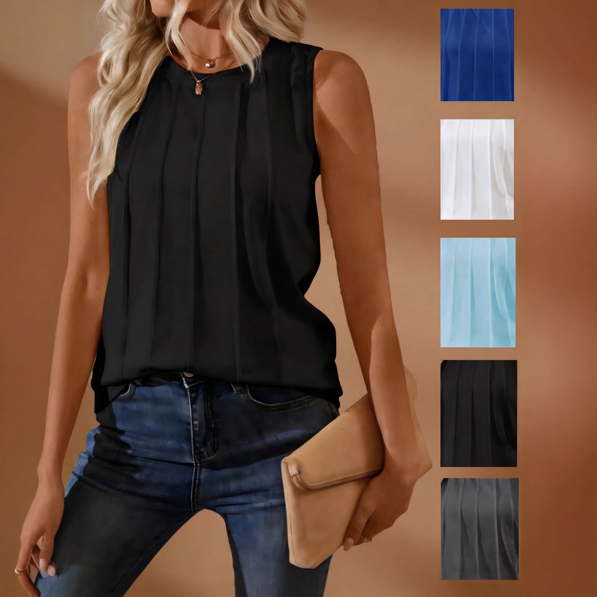 Chiffon Round Neck Sleeveless Top for Women Casual Fashion Blouse