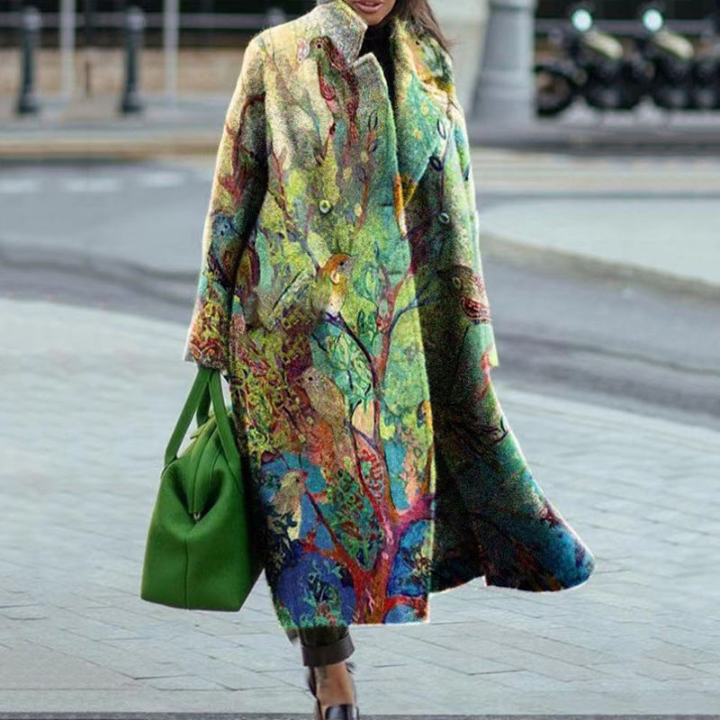 Autumn Long Sleeve Notched Lapel Printed Woolen Trench Coat for Women