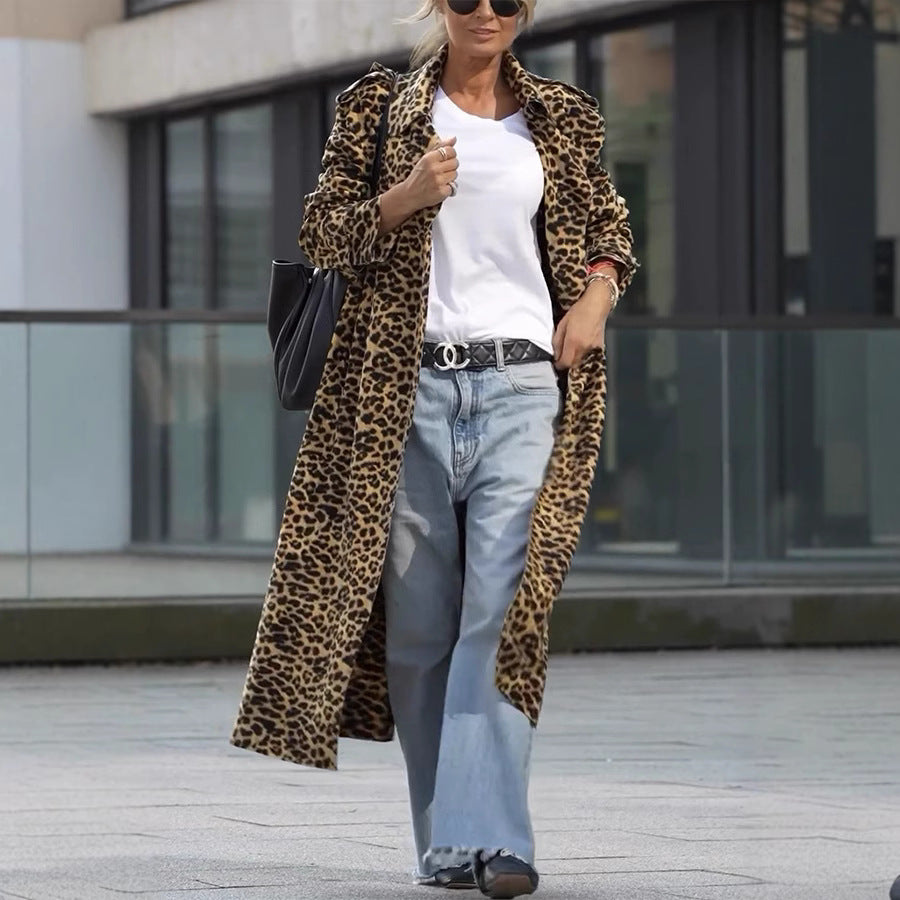Leopard Print Flip Collar Trench Coat Loose Casual Long Sleeve Women's Outerwear