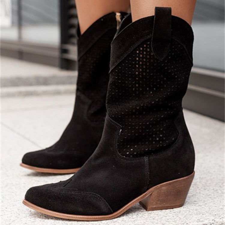Mid heeled burnt suede low cut women's boots