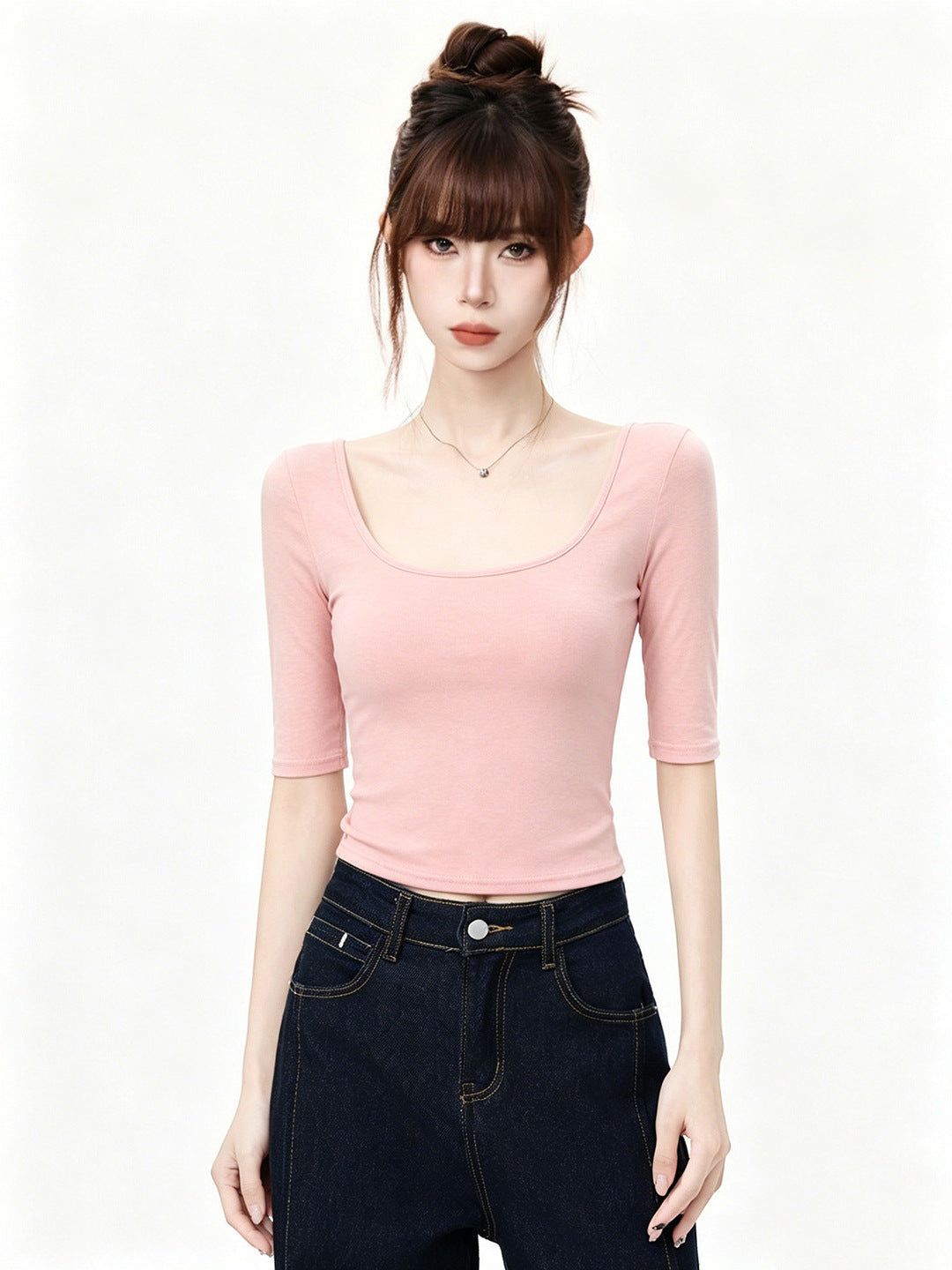 White Deep U-Neck Slim-Fitting Versatile Mid-Sleeve T-Shirt for Women, Fitted Shoulder Top