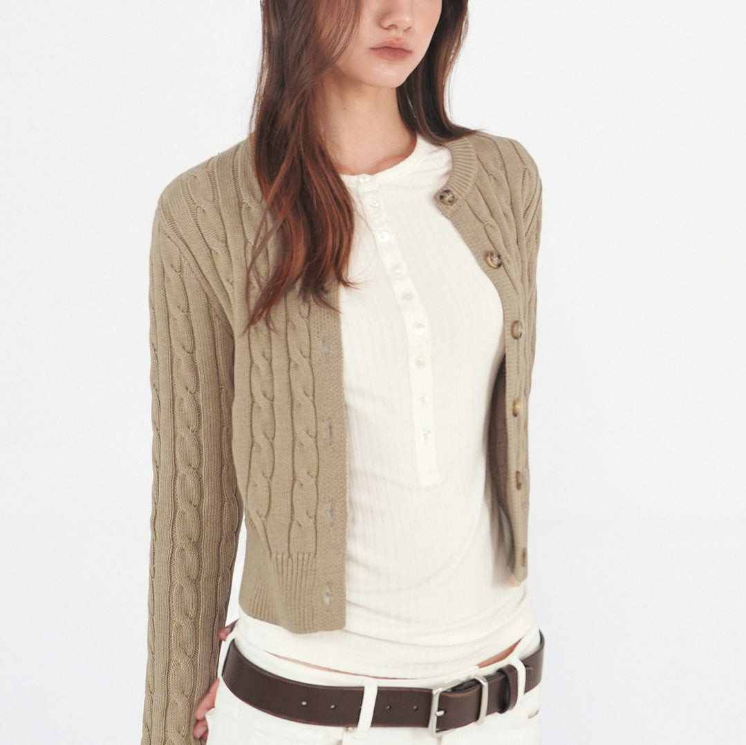 Wool Cable Knit Crewneck Sweater Cardigan Top for Women's Clothing