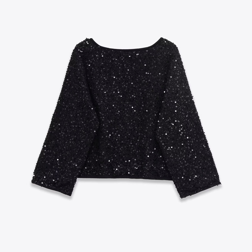 Long sleeved double-layer straight collar pearl knit jacket