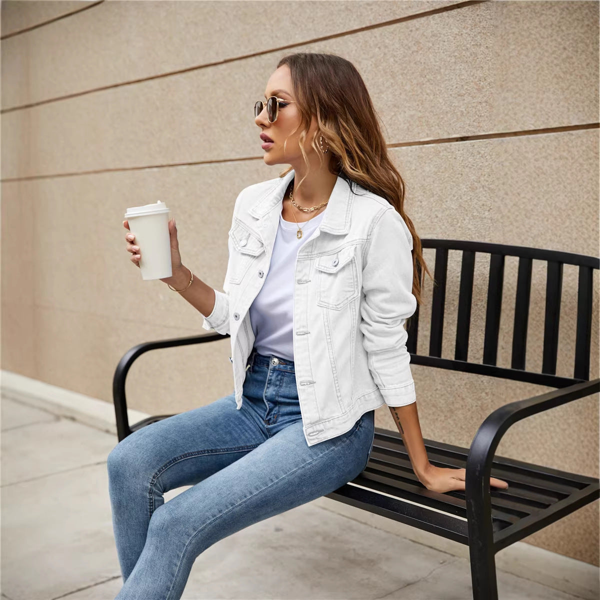 Fashionable slim fit female pilot jacket with collar, denim solid color pocket, versatile jacket