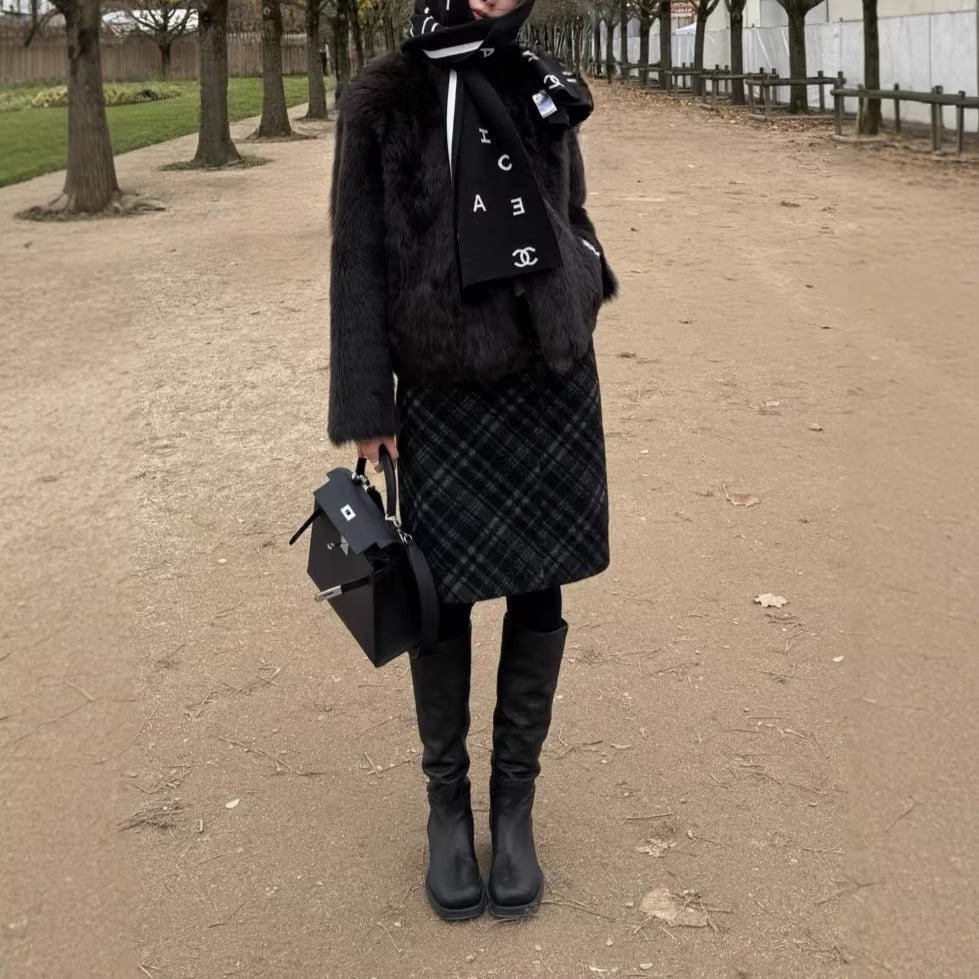 Checkered Skirt  Woolen A-Line Long Skirt Slim Fit High-Waisted Pencil Skirt