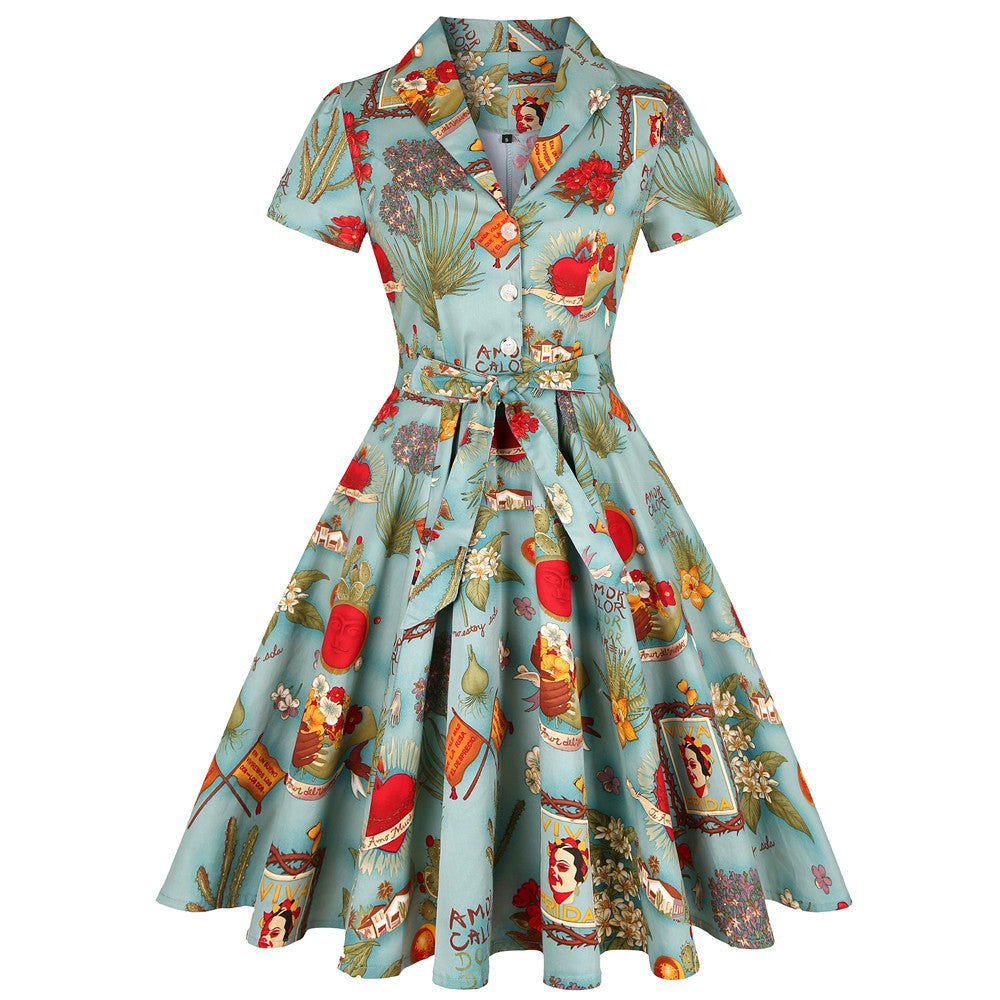 vintage Hepburn-style, turn-down collar, open front, short sleeve, fresh print, tie waist, flared dress, cotton with belt, literary and artistic