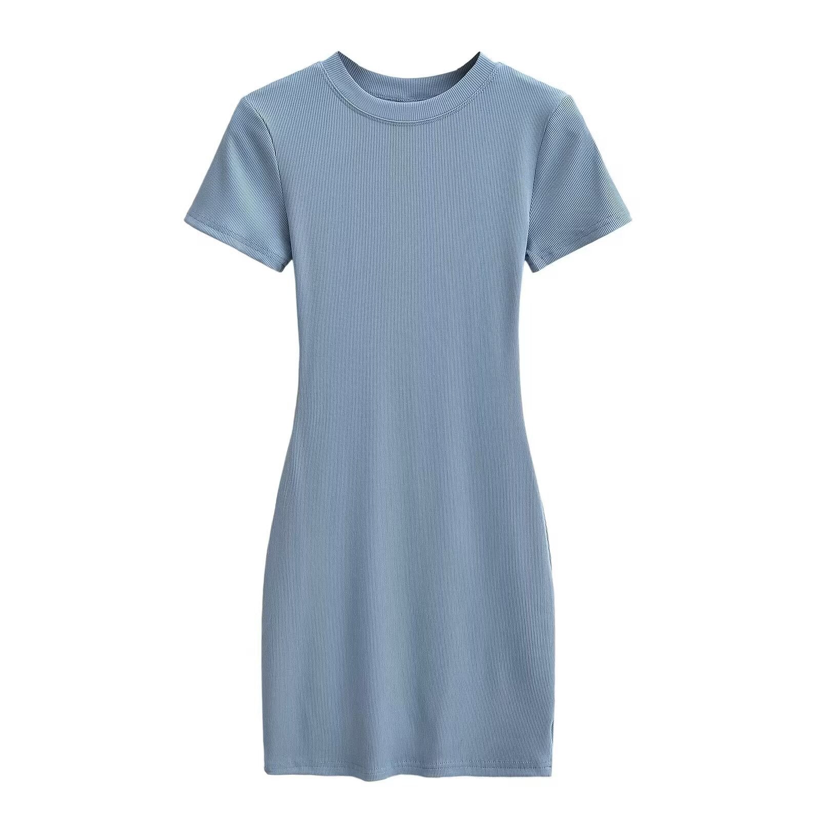 Round Neck Fitted Short Sleeve Dress for Women High Elastic Slim Fit Bodycon Mini Dress