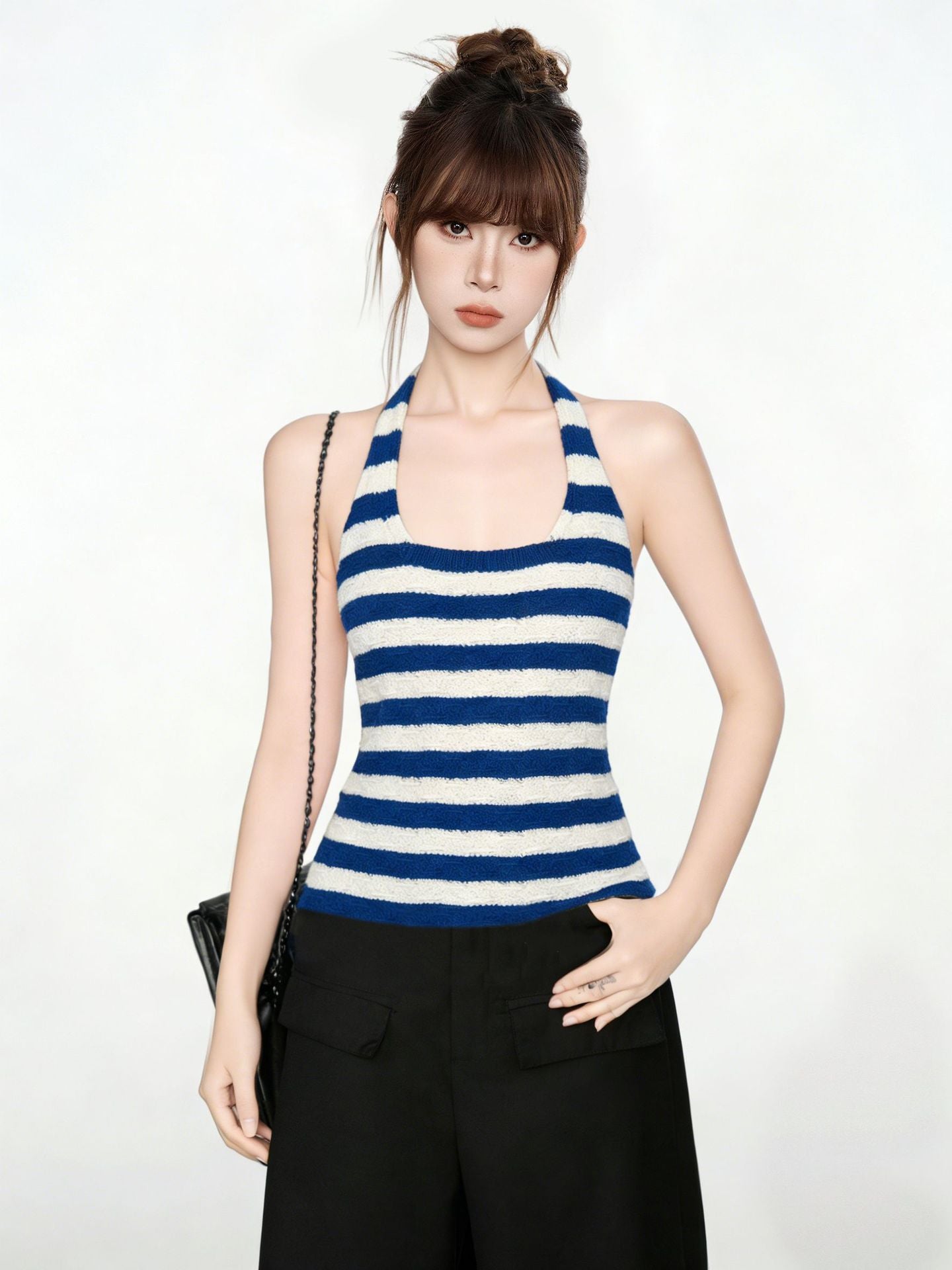 Blue and White Stripe Crop Top for Women, Knit Halter Neck Sleeveless Vest