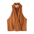 Spicy girl pleated silk hanging neck top