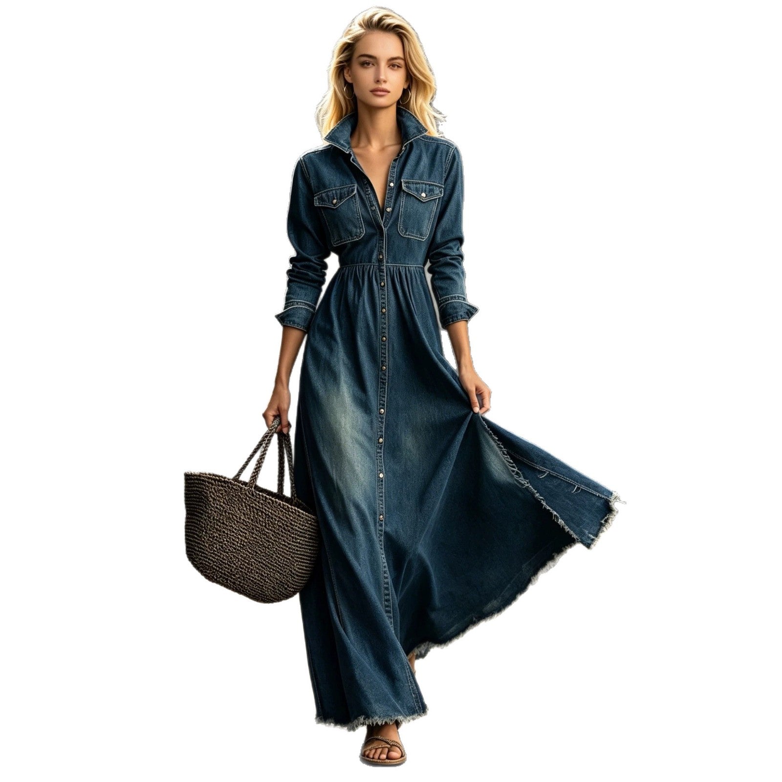 Style Retro Elegant Fitted Long Sleeve Denim Dress with Flared Skirt