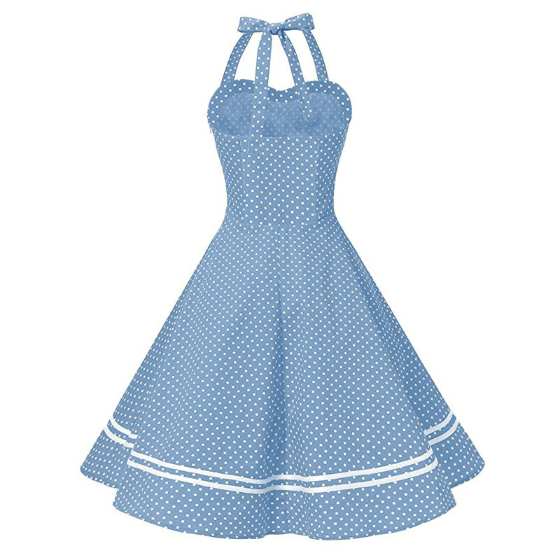 Hepburn Vintage Navy Polka Dot Backless Tie-Neck Flared A-Line Cotton Dress