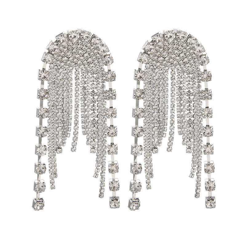 Full diamond long tassel silver needle earrings with a niche temperament for women