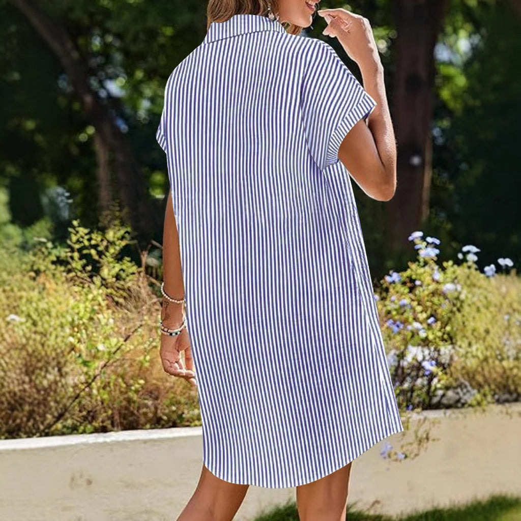 Stripe Shirt Dress, Casual Elegant Mid-Length Short Sleeve Dress for Women