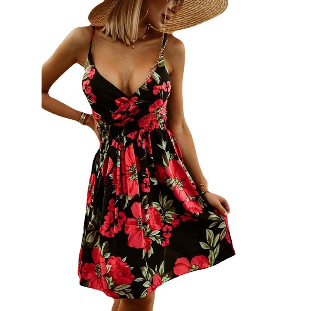 Summer Women's Printed Strap Dress Fashion V-Neck Fitted Short Dress