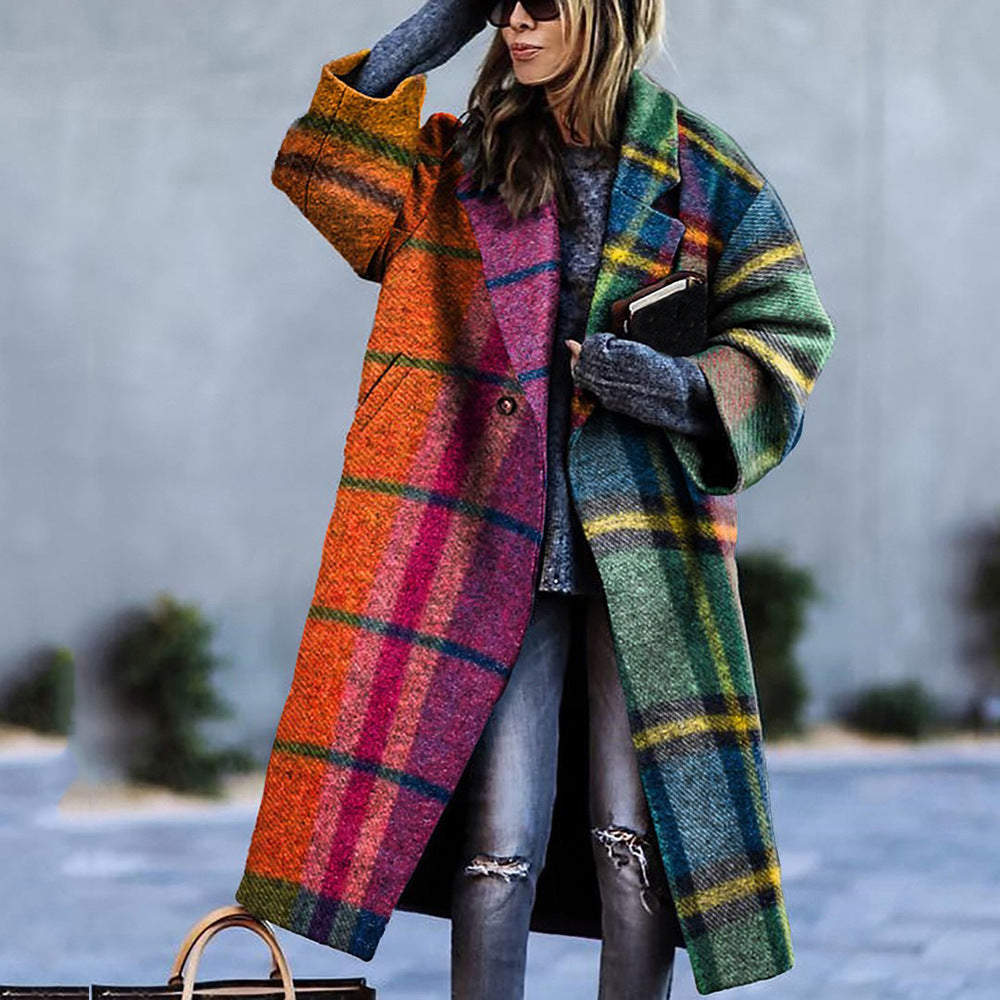 Autumn Long Sleeve Notched Lapel Printed Woolen Trench Coat for Women