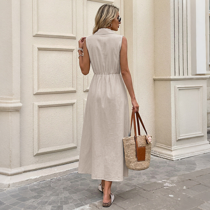 French Style Commute Shirt Dress Solid Color Linen Look Turn-Down Collar Sleeveless Dress