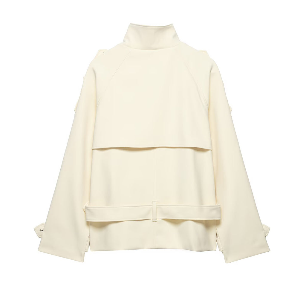 Commuting style stand up collar curved shoulder shape tied windbreaker jacket