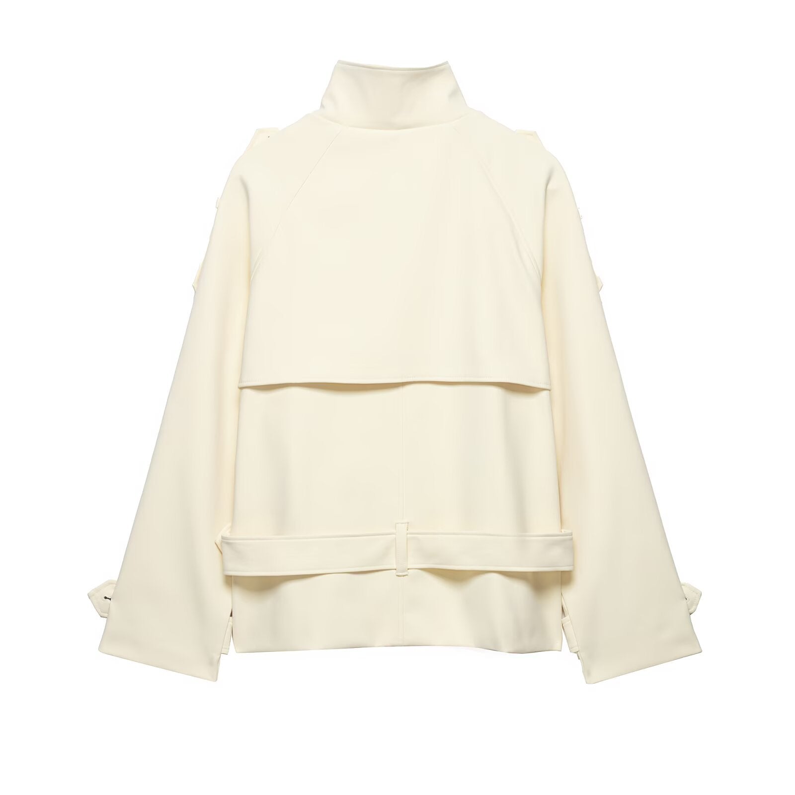 Commuting style stand up collar curved shoulder shape tied windbreaker jacket