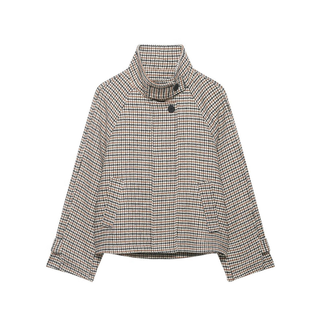 Commuting style tweed checkered high neck short jacket
