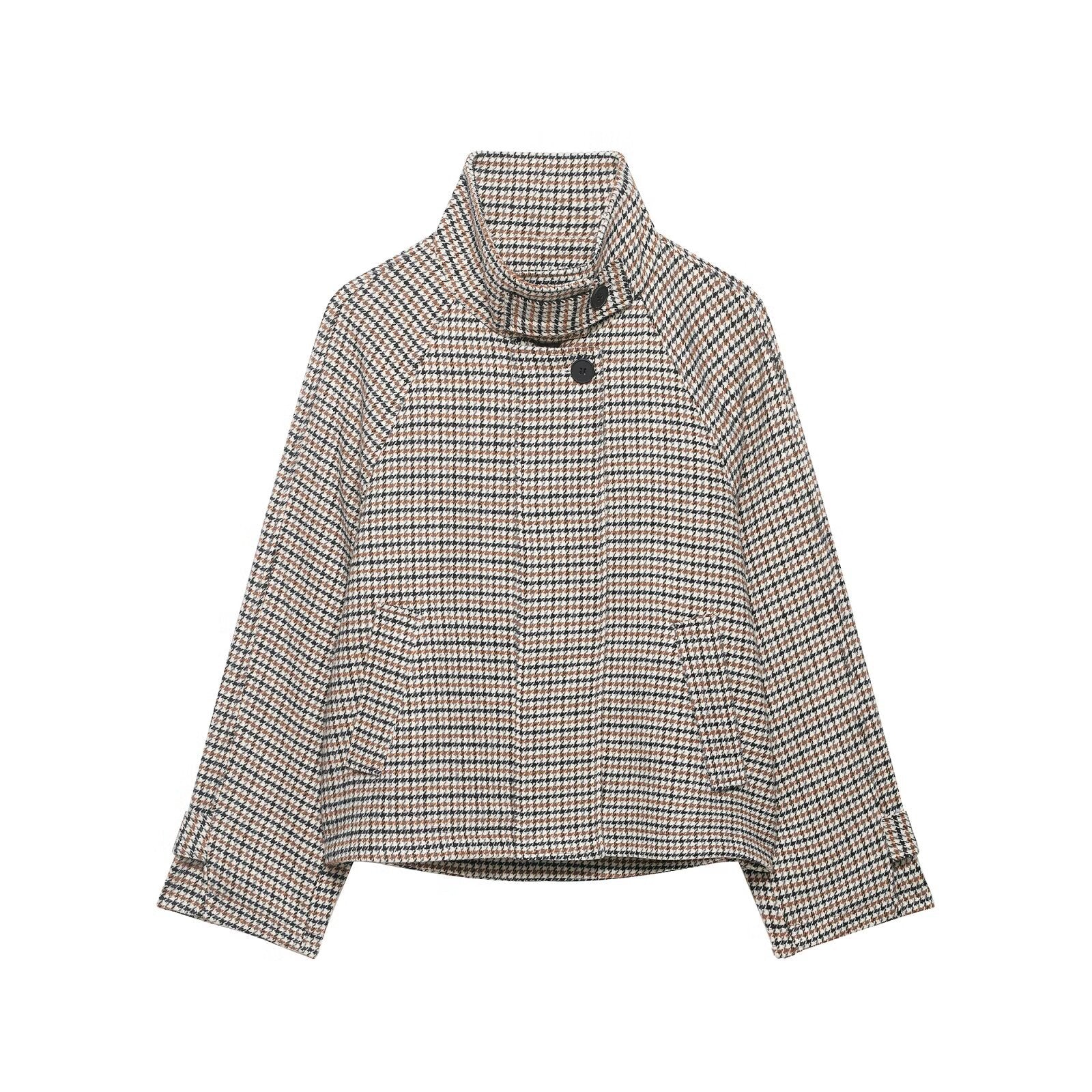 Commuting style tweed checkered high neck short jacket