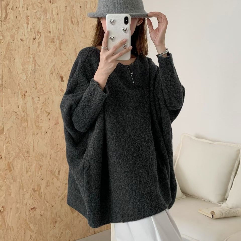 Lazy Style Knit Sweater Coat for Women, Irregular Design Batwing Sleeve Top