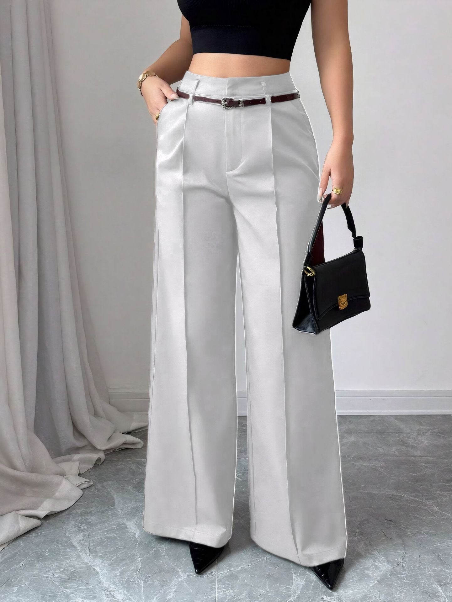 High waisted straight leg trousers for women